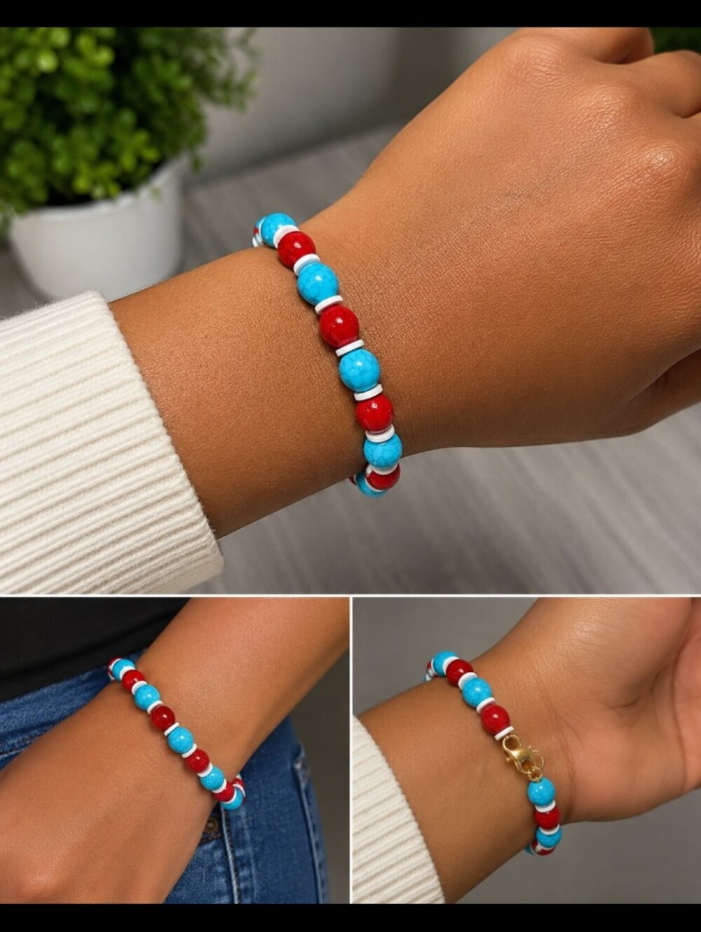 Red and Turquoise Beaded Bracelet with Gold Clasp